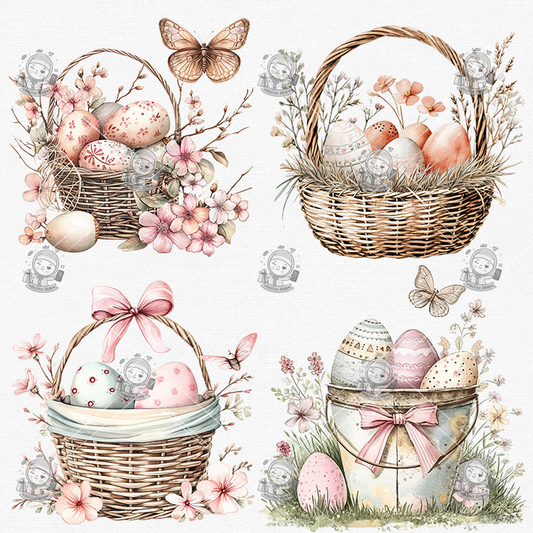 Pink Easter Bunny & Vintage Plaid Clipart Bundle - 35 Hand-Painted Watercolor PNGs | Retro Easter Designs, Transparent Background | Commercial Use - pixelpenco