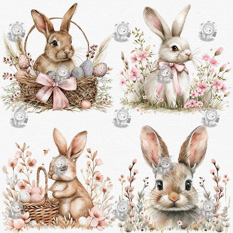 Pink Easter Bunny & Vintage Plaid Clipart Bundle - 35 Hand-Painted Watercolor PNGs | Retro Easter Designs, Transparent Background | Commercial Use - pixelpenco