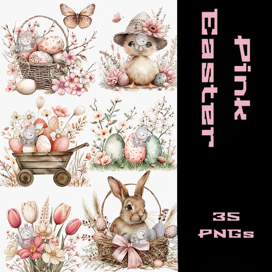 Pink Easter Bunny & Vintage Plaid Clipart Bundle - 35 Hand-Painted Watercolor PNGs | Retro Easter Designs, Transparent Background | Commercial Use - pixelpenco