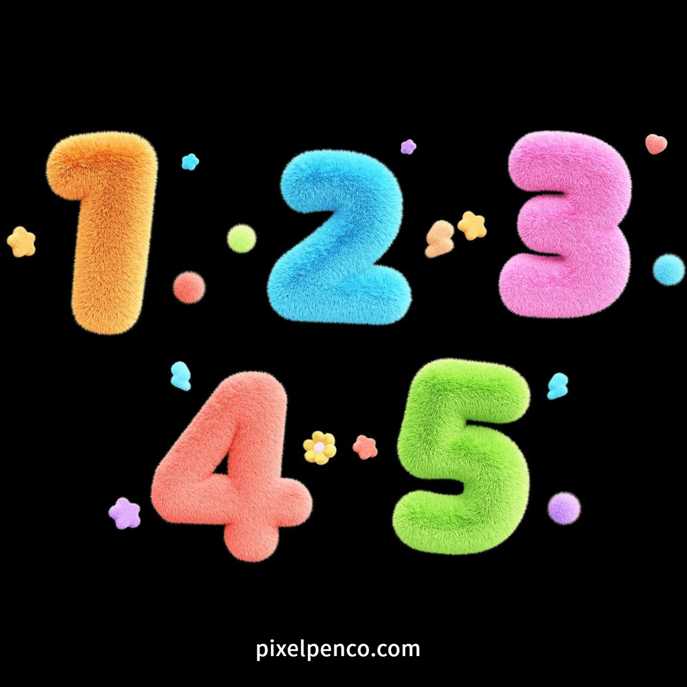 3D Fluffy Felt Y2K Elements: Flowers, Musical Notes, Numbers & Stars - PNG & Blender Files For Designers
