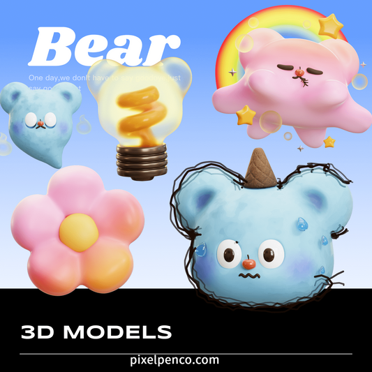 37 High-Quality 3D Cartoon Models | Plush Bears, Flowers, Bubbles & Light Bulbs For C4D/Blender – $3 Instant Email Delivery