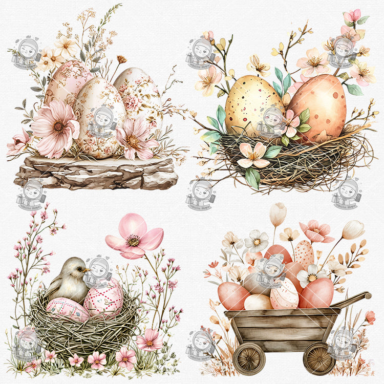 Pink Easter Bunny & Vintage Plaid Clipart Bundle - 35 Hand-Painted Watercolor PNGs | Retro Easter Designs, Transparent Background | Commercial Use - pixelpenco