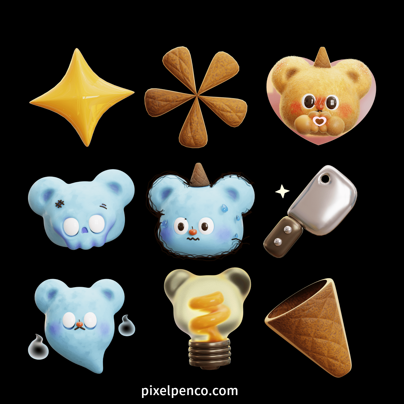 37 High-Quality 3D Cartoon Models | Plush Bears, Flowers, Bubbles & Light Bulbs For C4D/Blender – $3 Instant Email Delivery