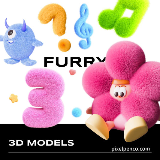 3D Fluffy Felt Y2K Elements: Flowers, Musical Notes, Numbers & Stars - PNG & Blender Files For Designers