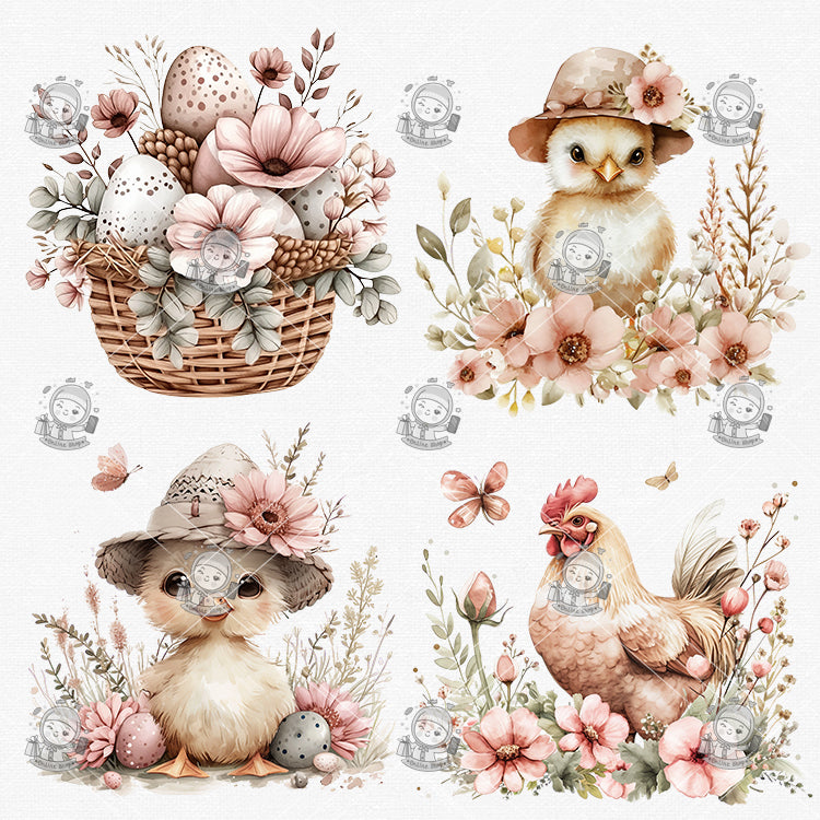 Pink Easter Bunny & Vintage Plaid Clipart Bundle - 35 Hand-Painted Watercolor PNGs | Retro Easter Designs, Transparent Background | Commercial Use - pixelpenco