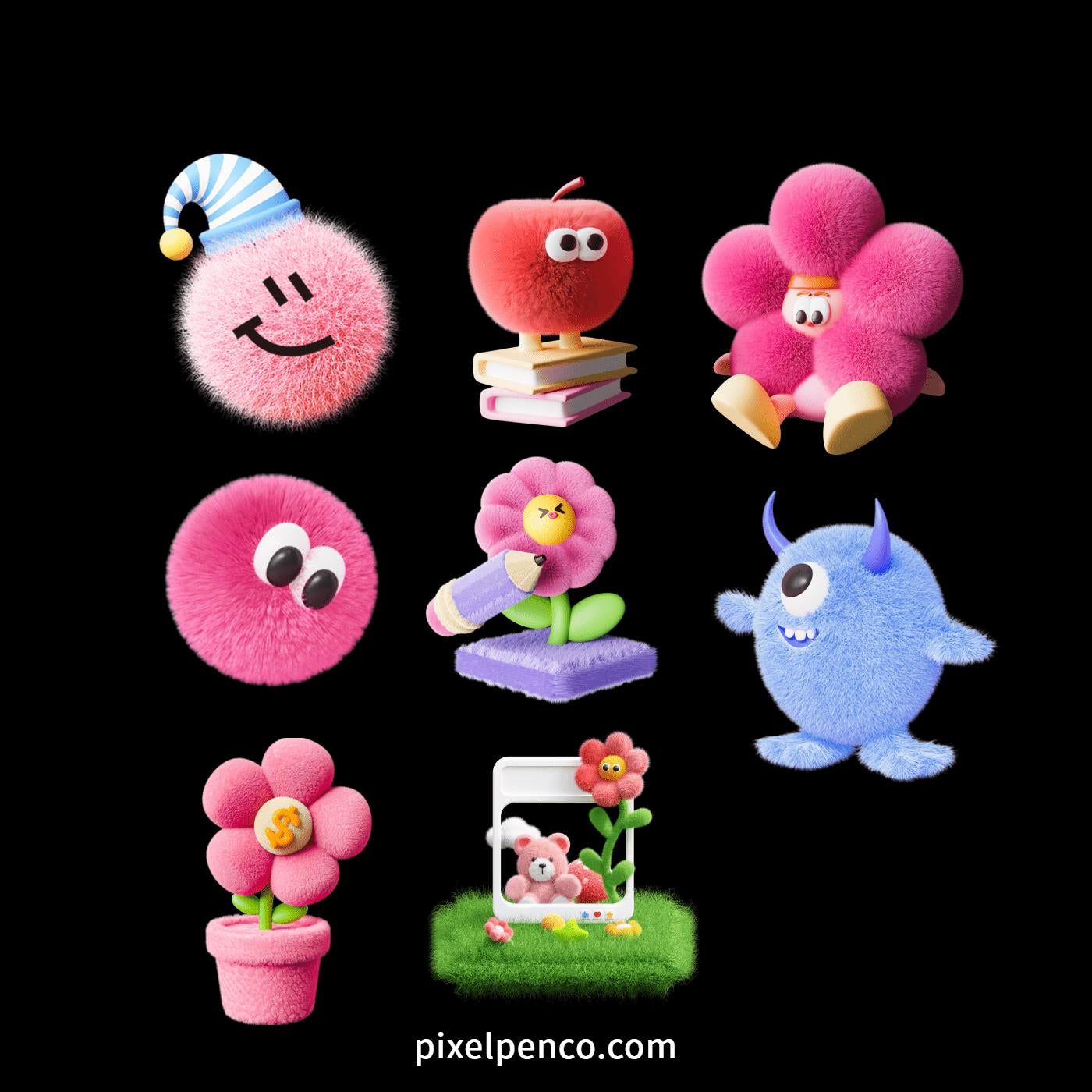 3D Fluffy Felt Y2K Elements: Flowers, Musical Notes, Numbers & Stars - PNG & Blender Files For Designers