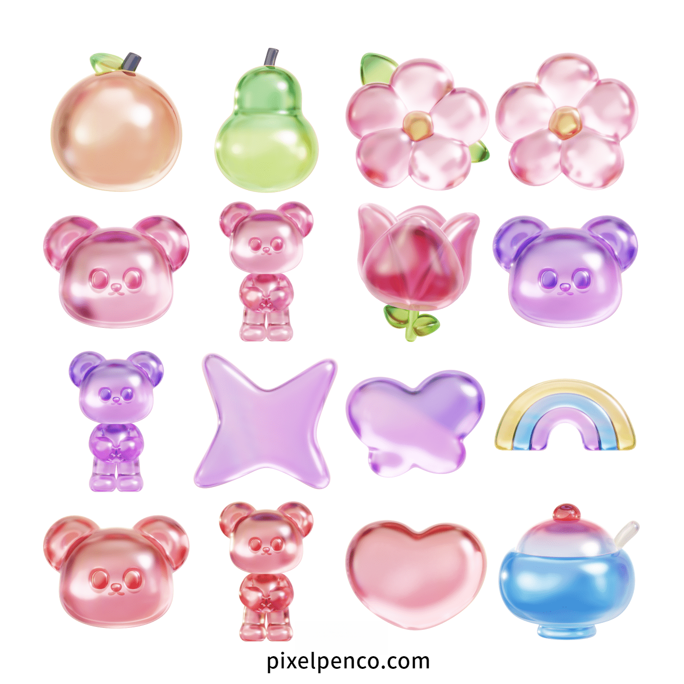 43 3D Cartoon Models | Gummy Bears, Candies, Flowers, Hearts & Cherries For C4D/Blender – $3 Instant Email Delivery
