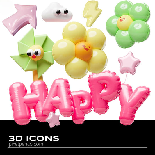 3D Inflated - Style Cartoon Flowers, Arrows, Graphics & Emojis - Children’S Day Model Design Assets For Blender 159 - pixelpenco