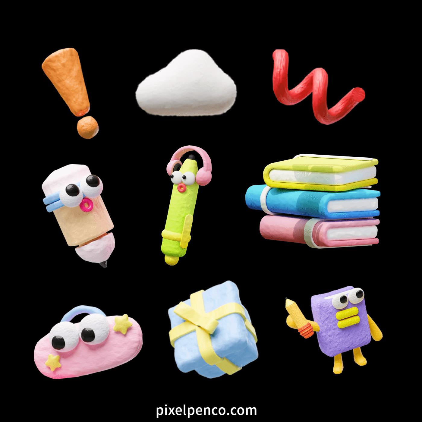 3D Clay - Style Cartoon Models | Flowers, Schoolbags, Graphics, Emoticons, Arrows, Pens & Clouds For Blender – $3 Instant Email Delivery