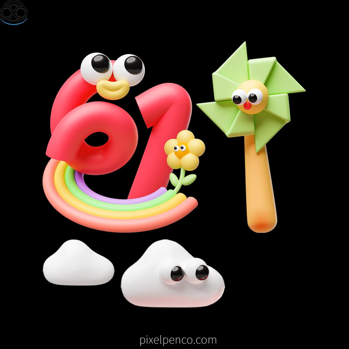 3D Inflated - Style Cartoon Flowers, Arrows, Graphics & Emojis - Children’S Day Model Design Assets For Blender 159 - pixelpenco