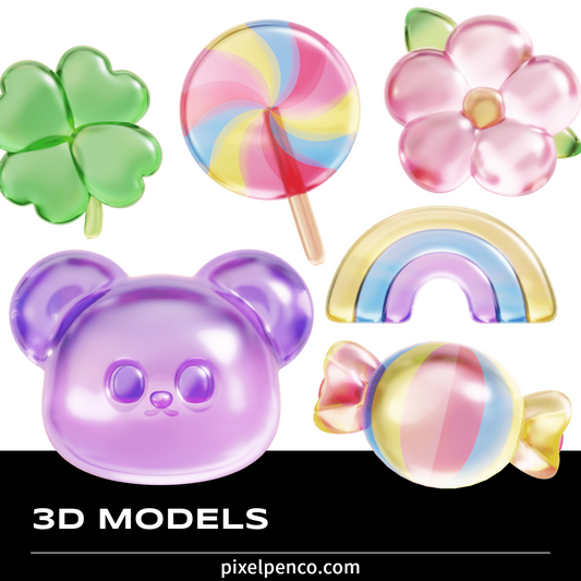 43 3D Cartoon Models | Gummy Bears, Candies, Flowers, Hearts & Cherries For C4D/Blender – $3 Instant Email Delivery