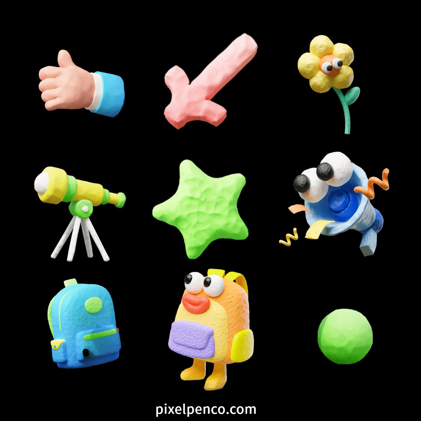 3D Clay - Style Cartoon Models | Flowers, Schoolbags, Graphics, Emoticons, Arrows, Pens & Clouds For Blender – $3 Instant Email Delivery