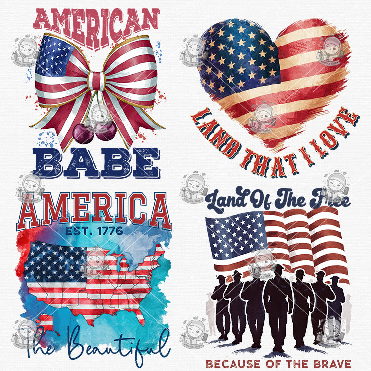 USA Patriotic Sublimation T-Shirt Design Bundle - Hand-Painted Watercolor Clipart | High-Resolution PNG, Transparent Background | Commercial Use - pixelpenco