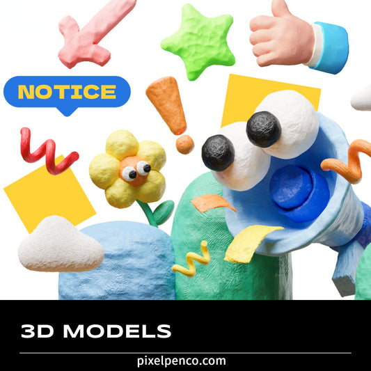 3D Clay - Style Cartoon Models | Flowers, Schoolbags, Graphics, Emoticons, Arrows, Pens & Clouds For Blender – $3 Instant Email Delivery