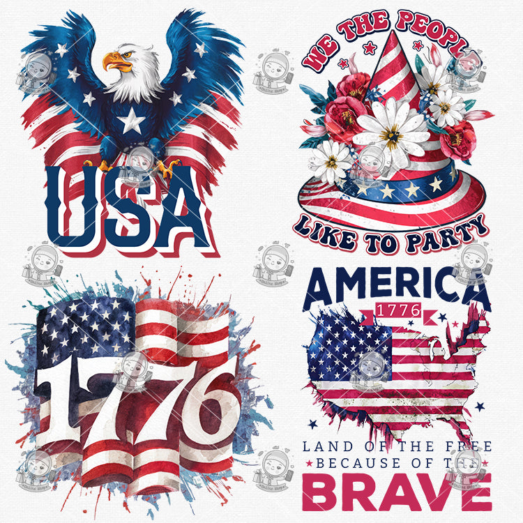 USA Patriotic Sublimation T-Shirt Design Bundle - Hand-Painted Watercolor Clipart | High-Resolution PNG, Transparent Background | Commercial Use - pixelpenco
