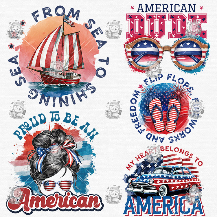 USA Patriotic Sublimation T-Shirt Design Bundle - Hand-Painted Watercolor Clipart | High-Resolution PNG, Transparent Background | Commercial Use - pixelpenco